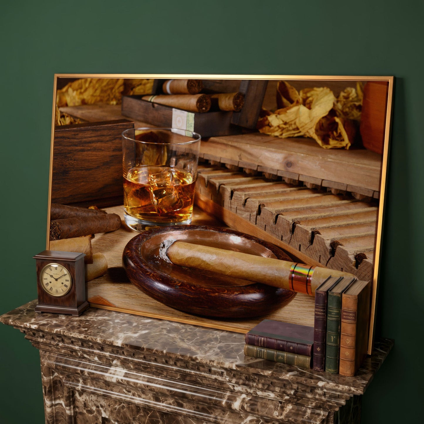 Whiskey & Cigar Canvas Print for Home Bar in antique gold floating frame