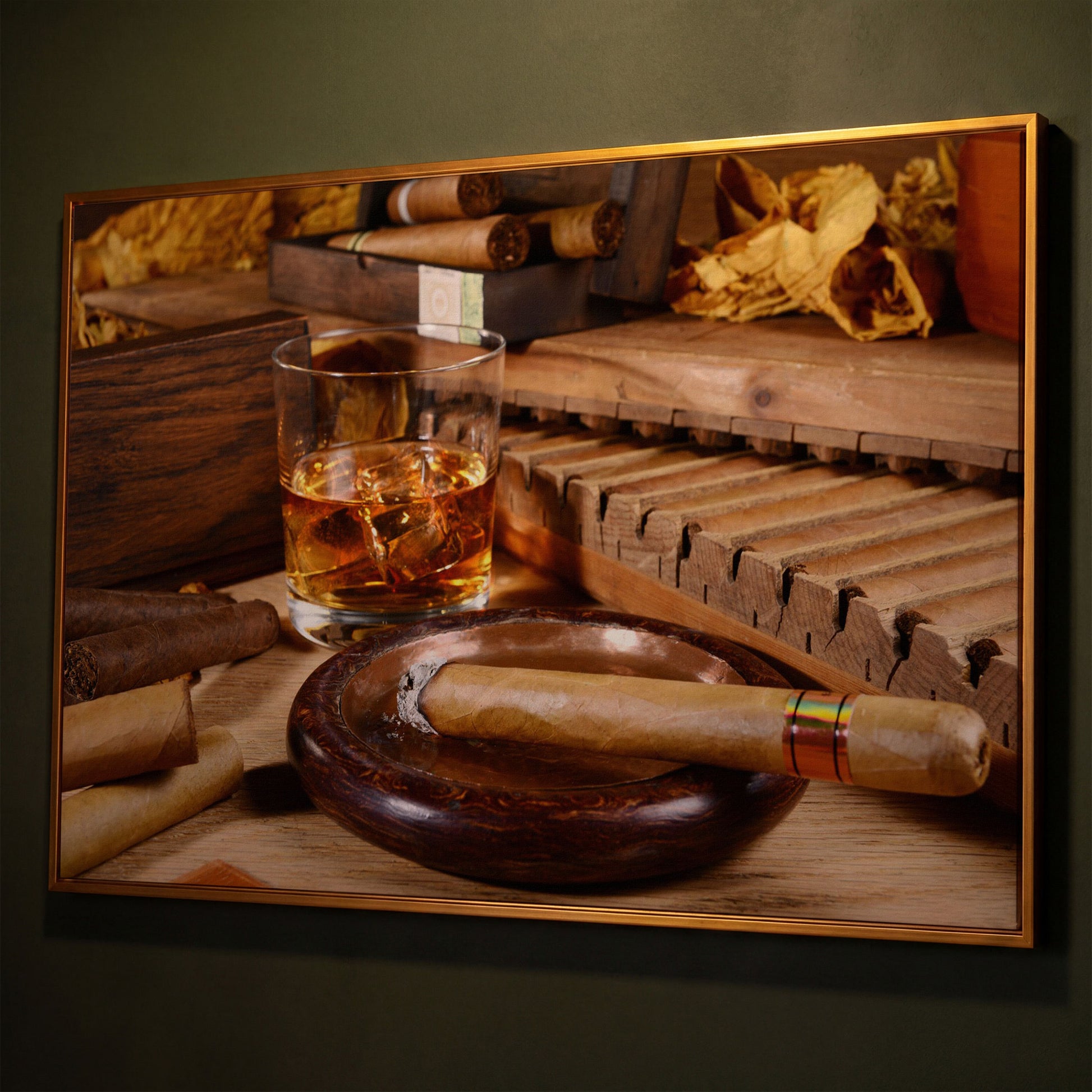 Whiskey & Cigar Canvas Print for Home Bar shown in antique gold floating frame