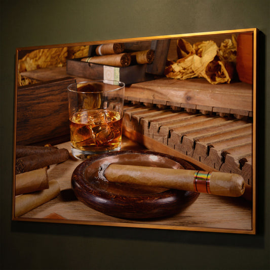 Whiskey & Cigar Canvas Print for Home Bar shown in antique gold floating frame