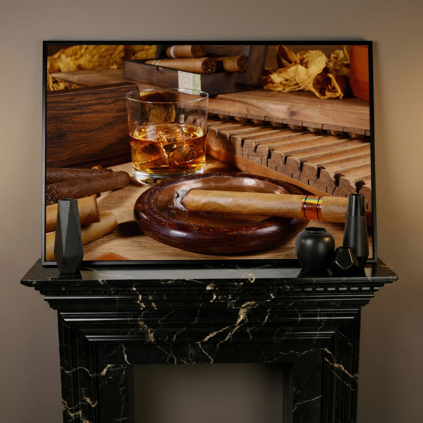 Whiskey & Cigar Canvas Print for Home Bar in black floating frame