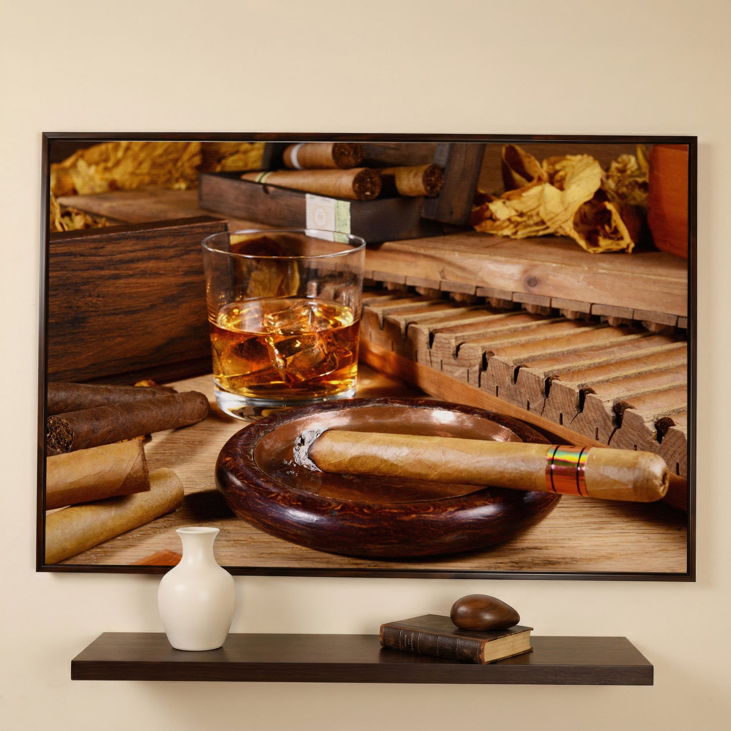 Whiskey & Cigar Canvas Print for Home Bar in dark walnut floating frame