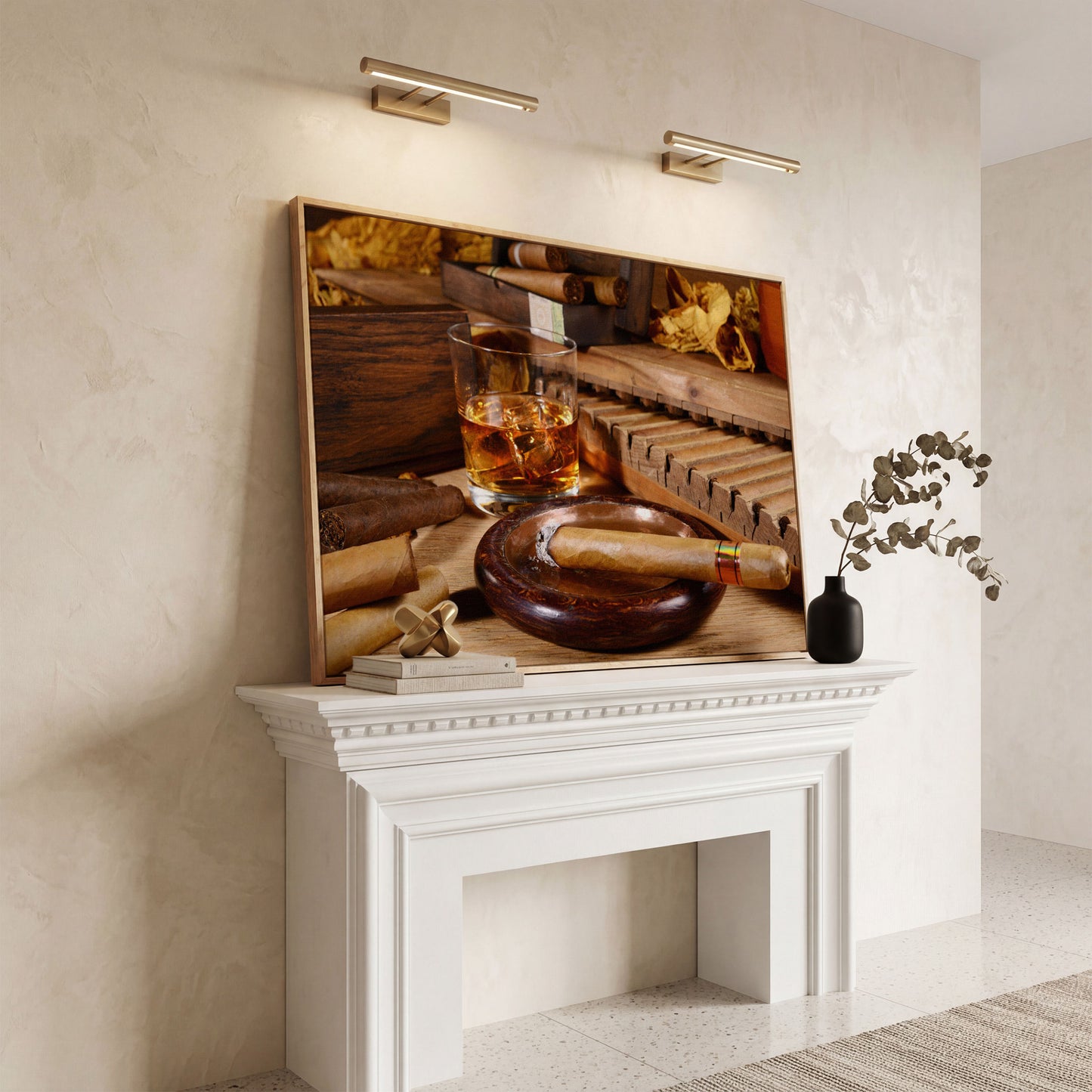 Whiskey & Cigar Canvas Print for Home Bar in white oak floating frame