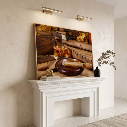 Whiskey & Cigar Canvas Print for Home Bar in white oak floating frame