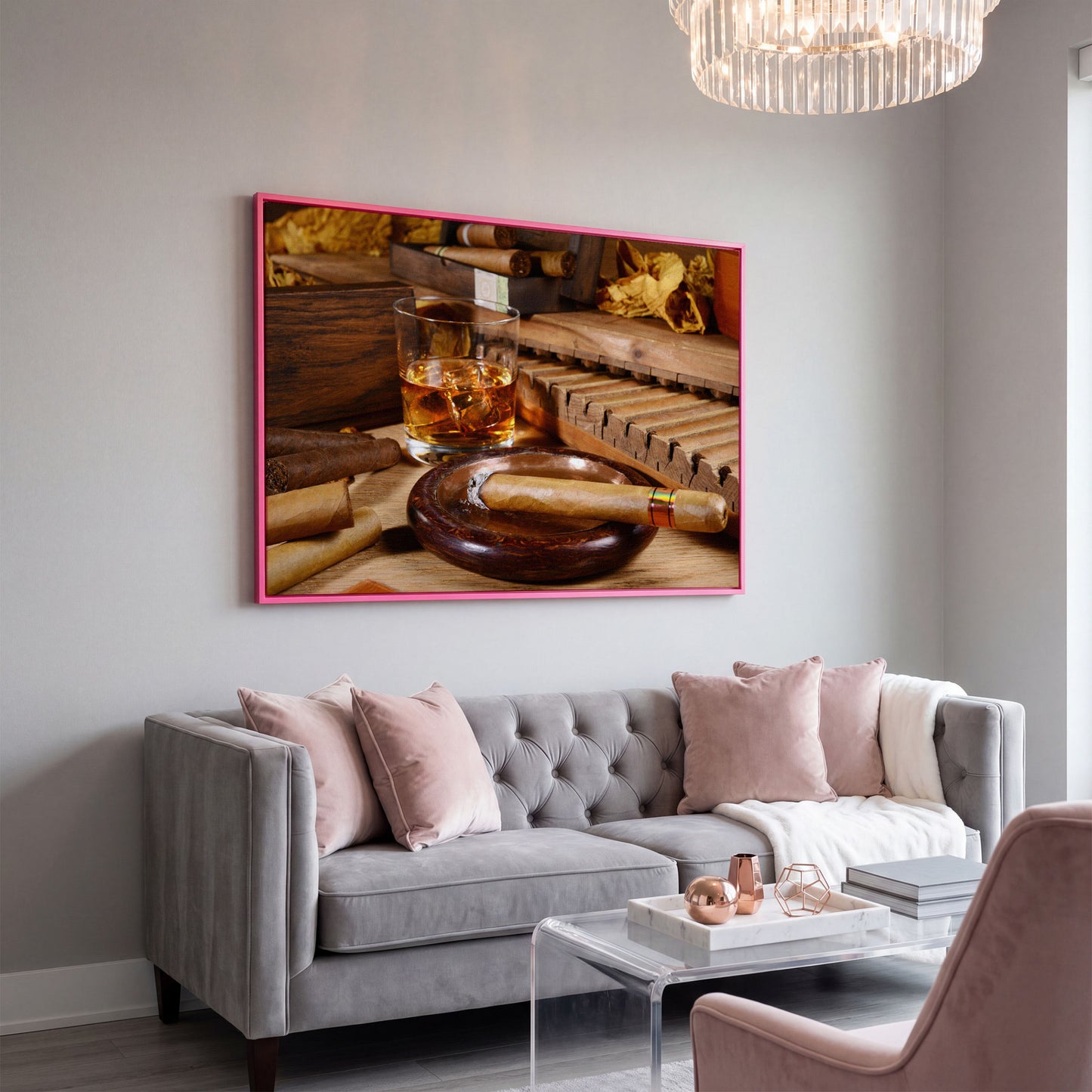Whiskey & Cigar Canvas Print for Home Bar in pink floating frame