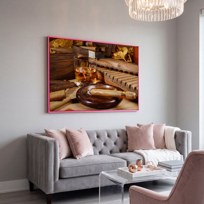 Whiskey & Cigar Canvas Print for Home Bar in pink floating frame