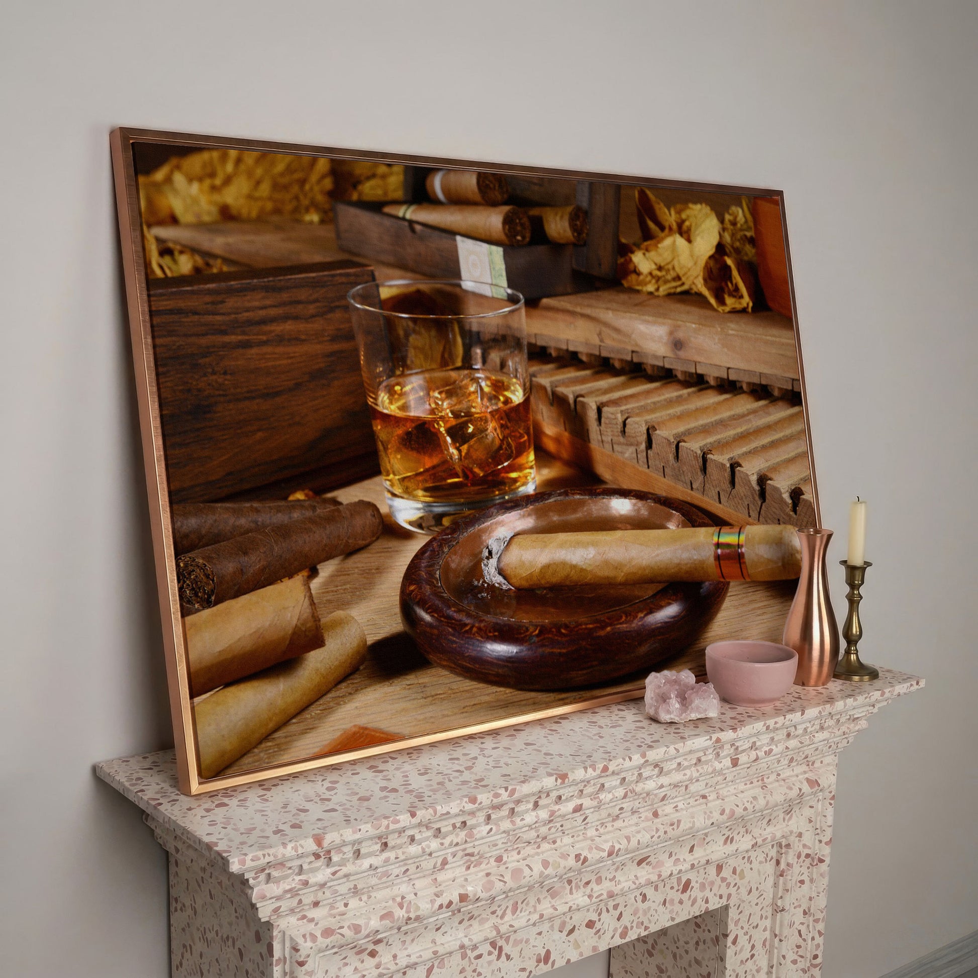 Whiskey & Cigar Canvas Print for Home Bar in rose gold floating frame