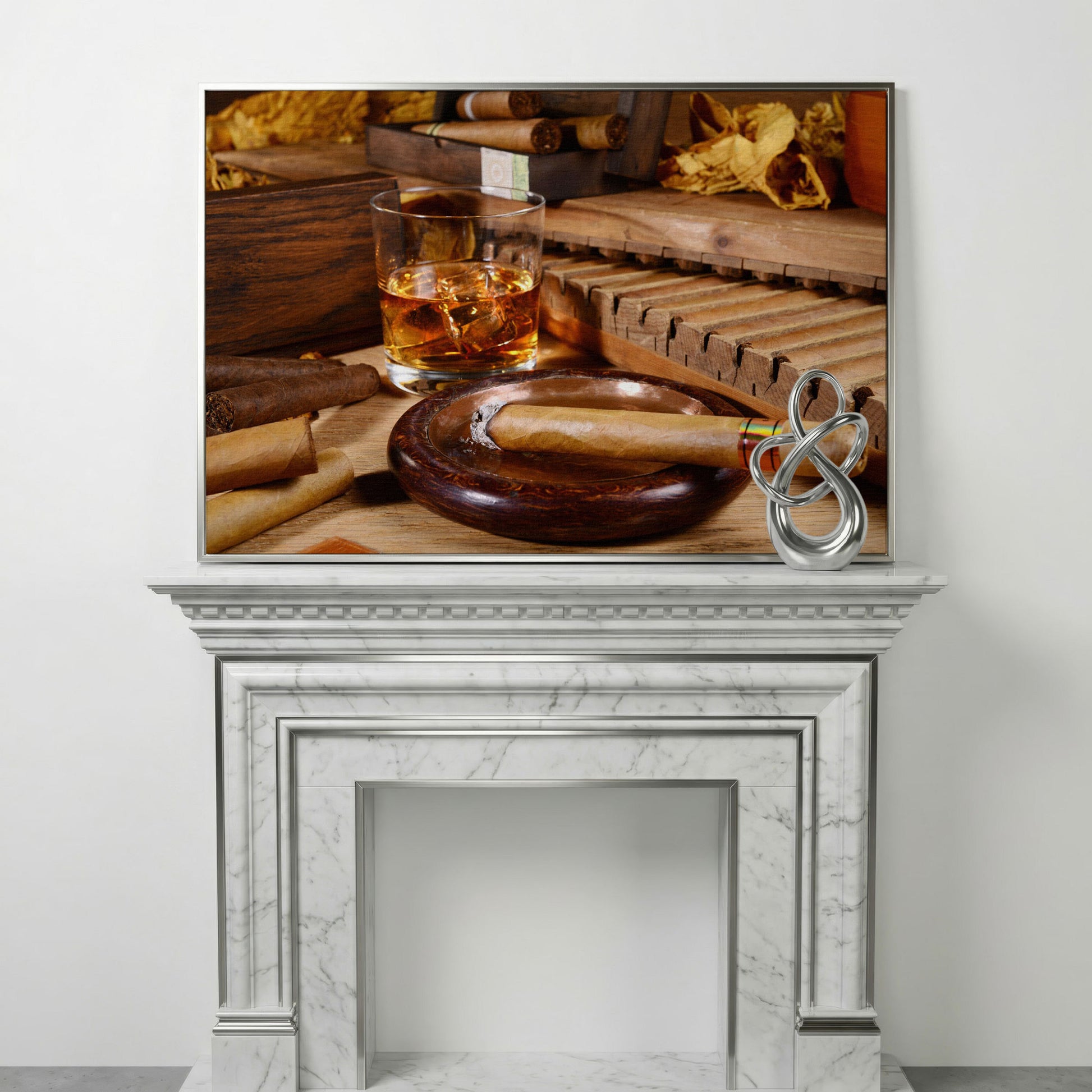 Whiskey & Cigar Canvas Print for Home Bar in silver floating frame