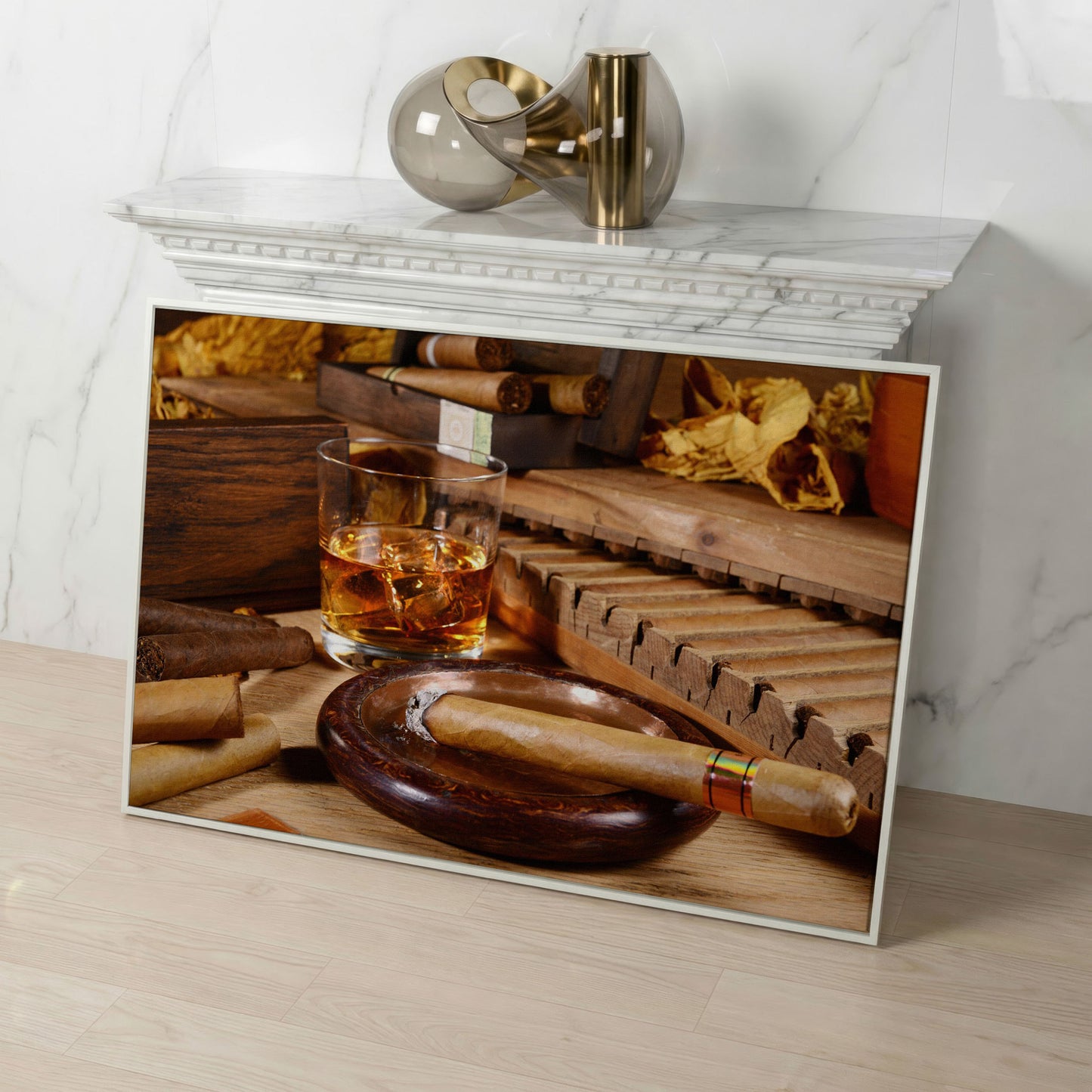 Whiskey & Cigar Canvas Print for Home Bar in white floating frame