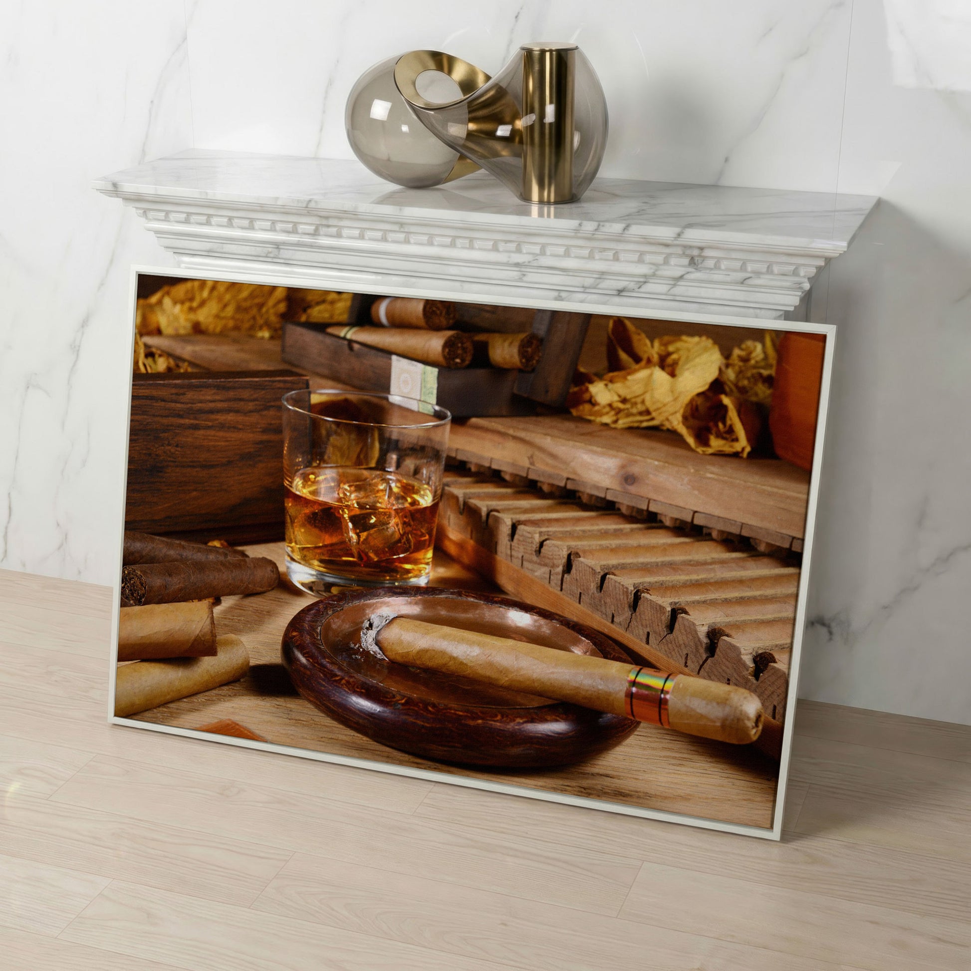 Whiskey & Cigar Canvas Print for Home Bar in white floating frame