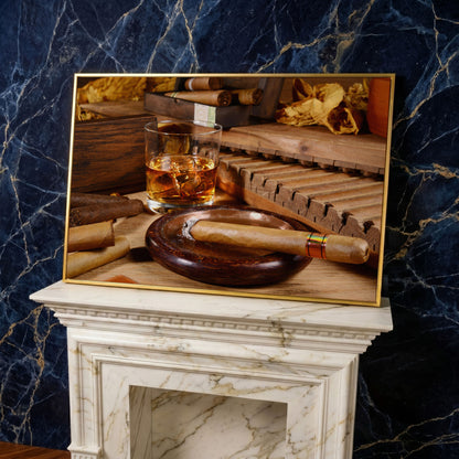Whiskey & Cigar Canvas Print for Home Bar in yellow gold floating frame