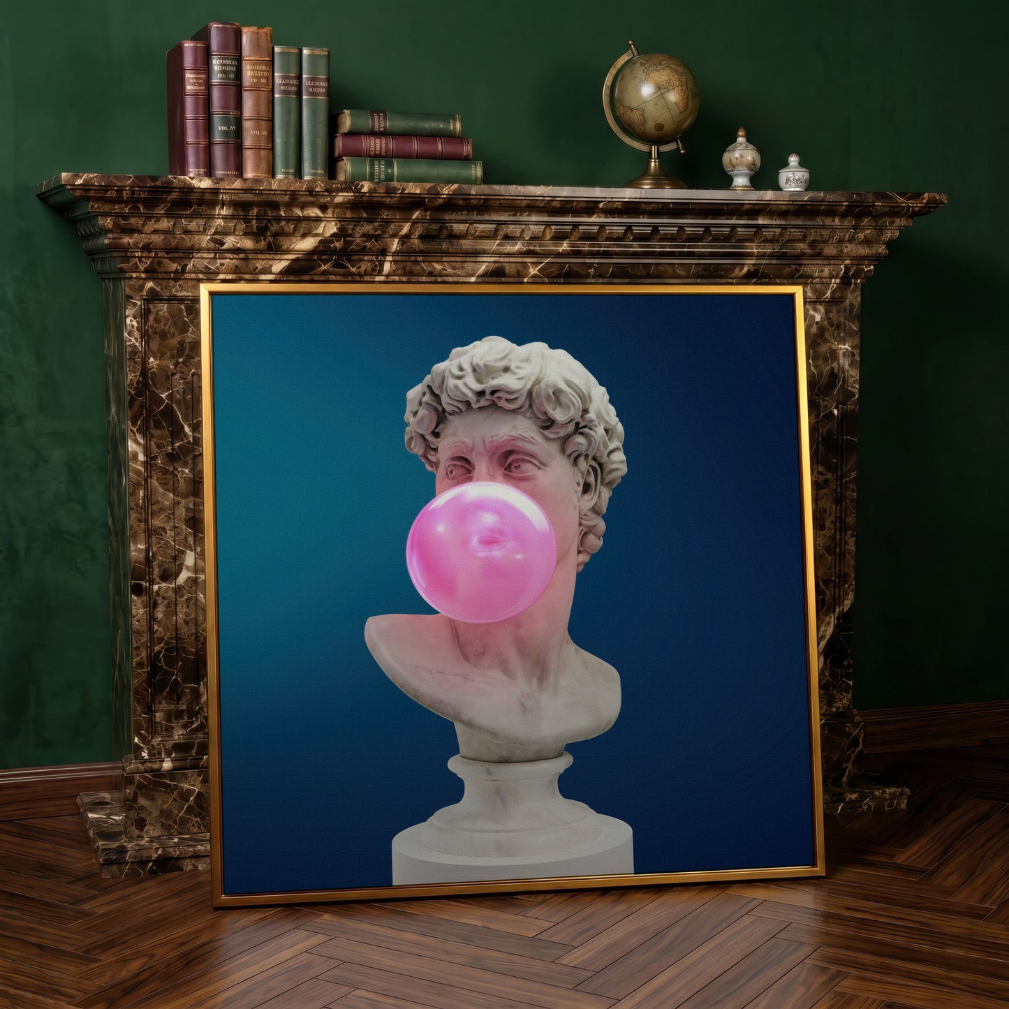 Bust Sculpture Blowing Bubble Gum Canvas in antique gold floating frame