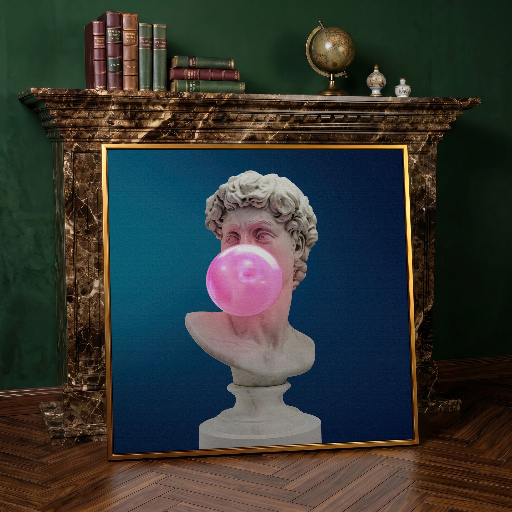 Bust Sculpture Blowing Bubble Gum Canvas in antique gold floating frame