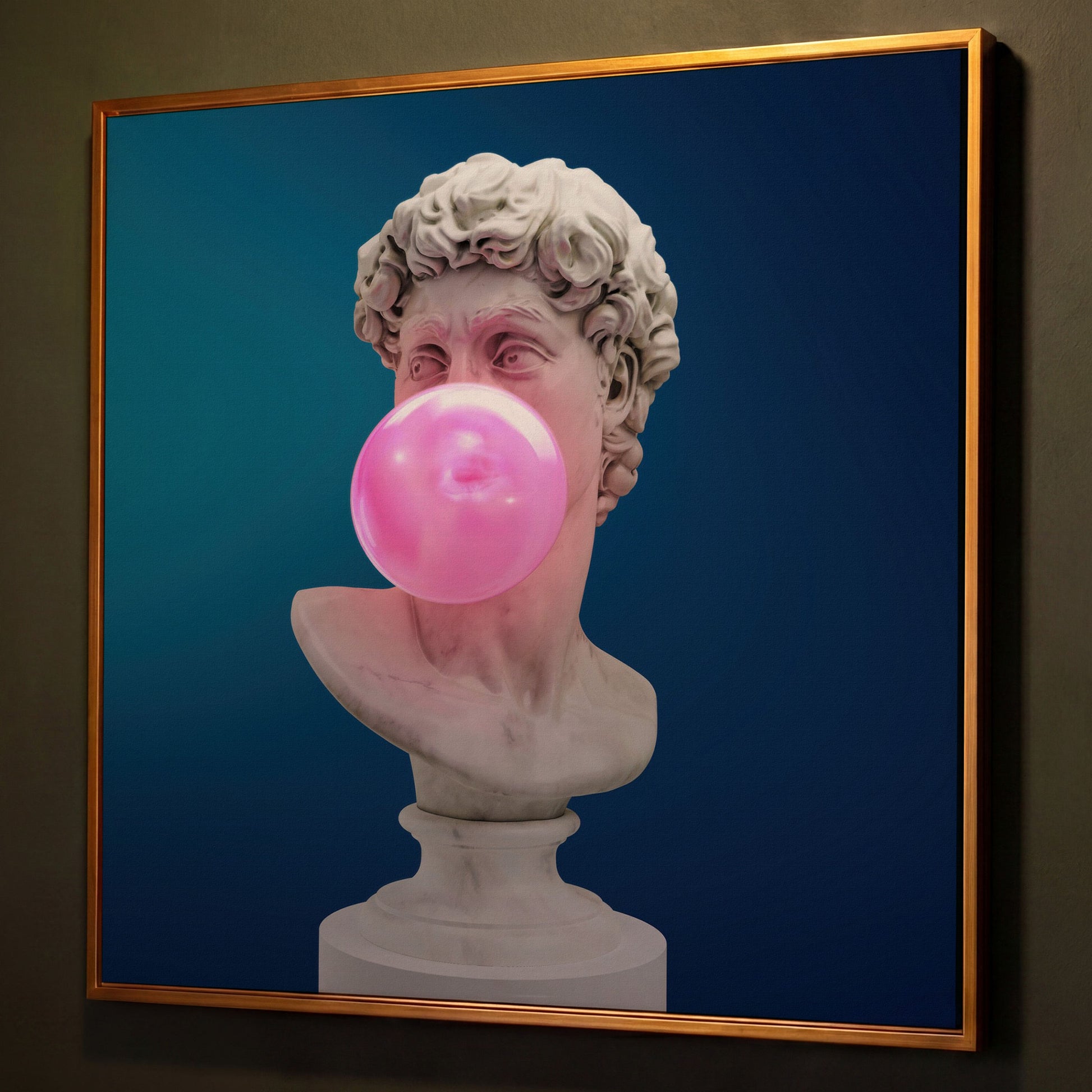 Bust Sculpture Blowing Bubble Gum Canvas shown in antique gold floating frame