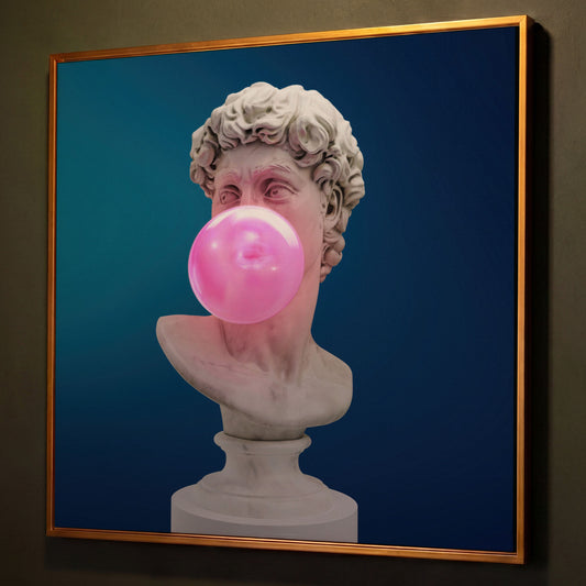 Bust Sculpture Blowing Bubble Gum Canvas shown in antique gold floating frame