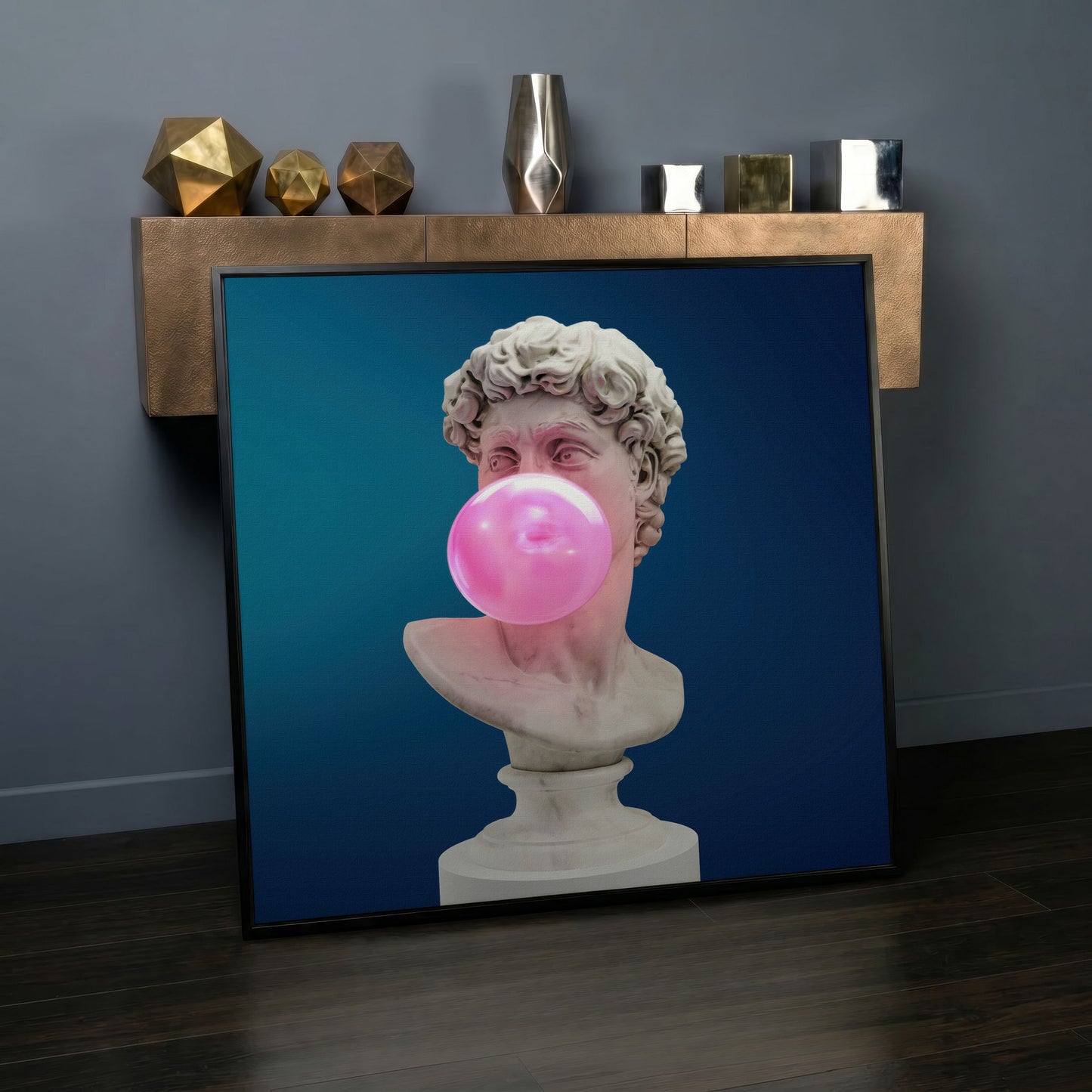 Bust Sculpture Blowing Bubble Gum Canvas in black floating frame