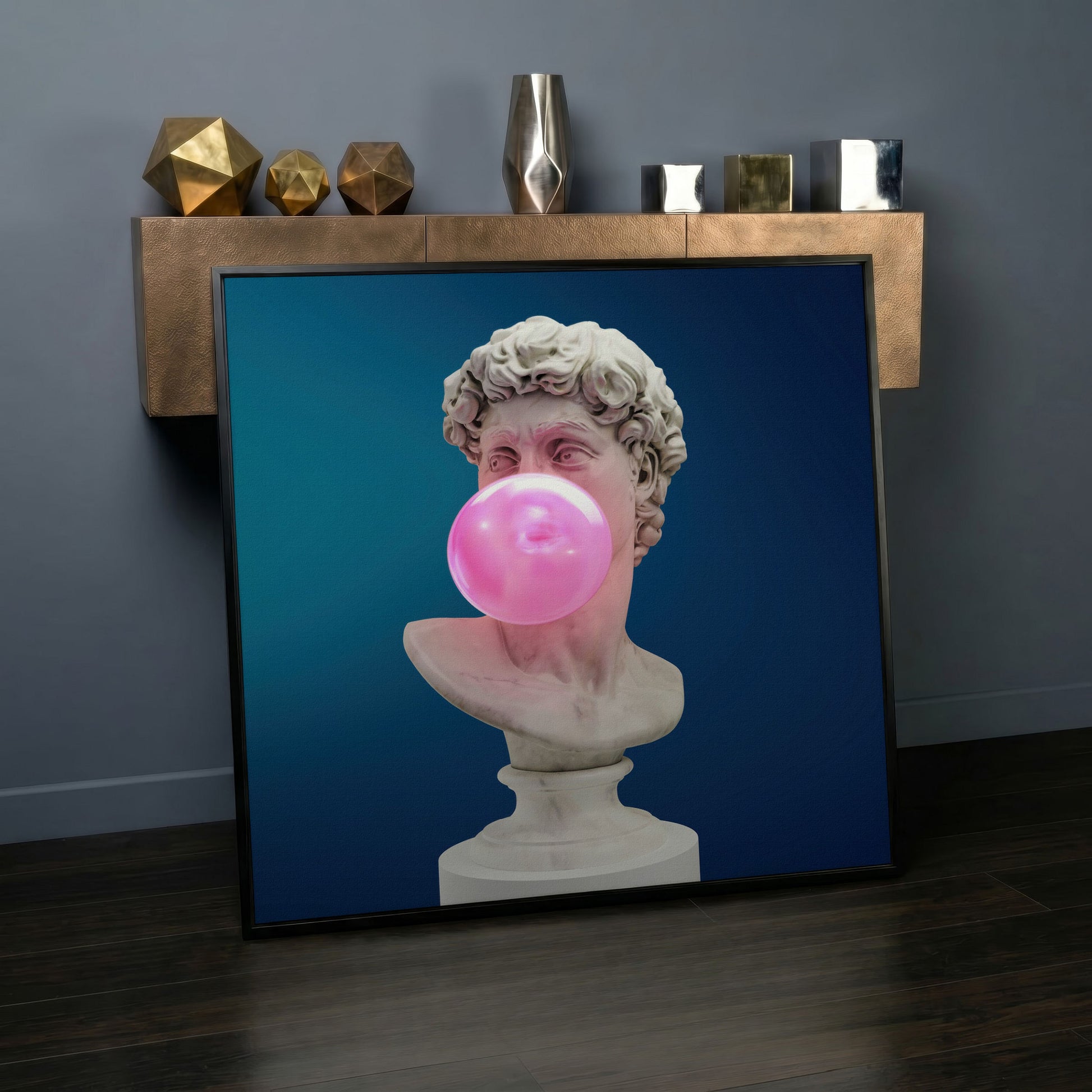 Bust Sculpture Blowing Bubble Gum Canvas in black floating frame