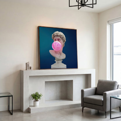 Bust Sculpture Blowing Bubble Gum Canvas in dark walnut floating frame