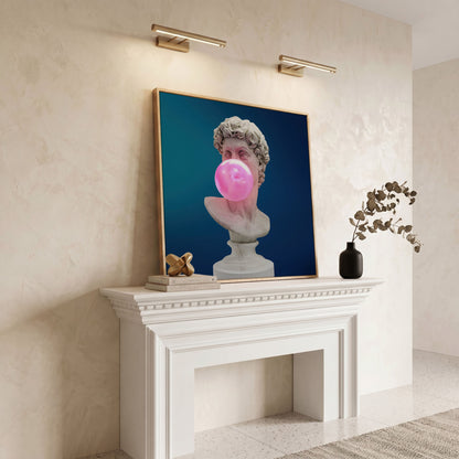 Bust Sculpture Blowing Bubble Gum Canvas in white oak floating frame