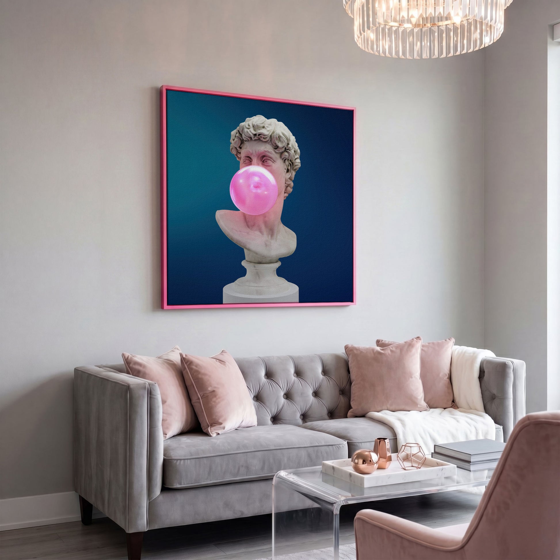 Bust Sculpture Blowing Bubble Gum Canvas in pink floating frame