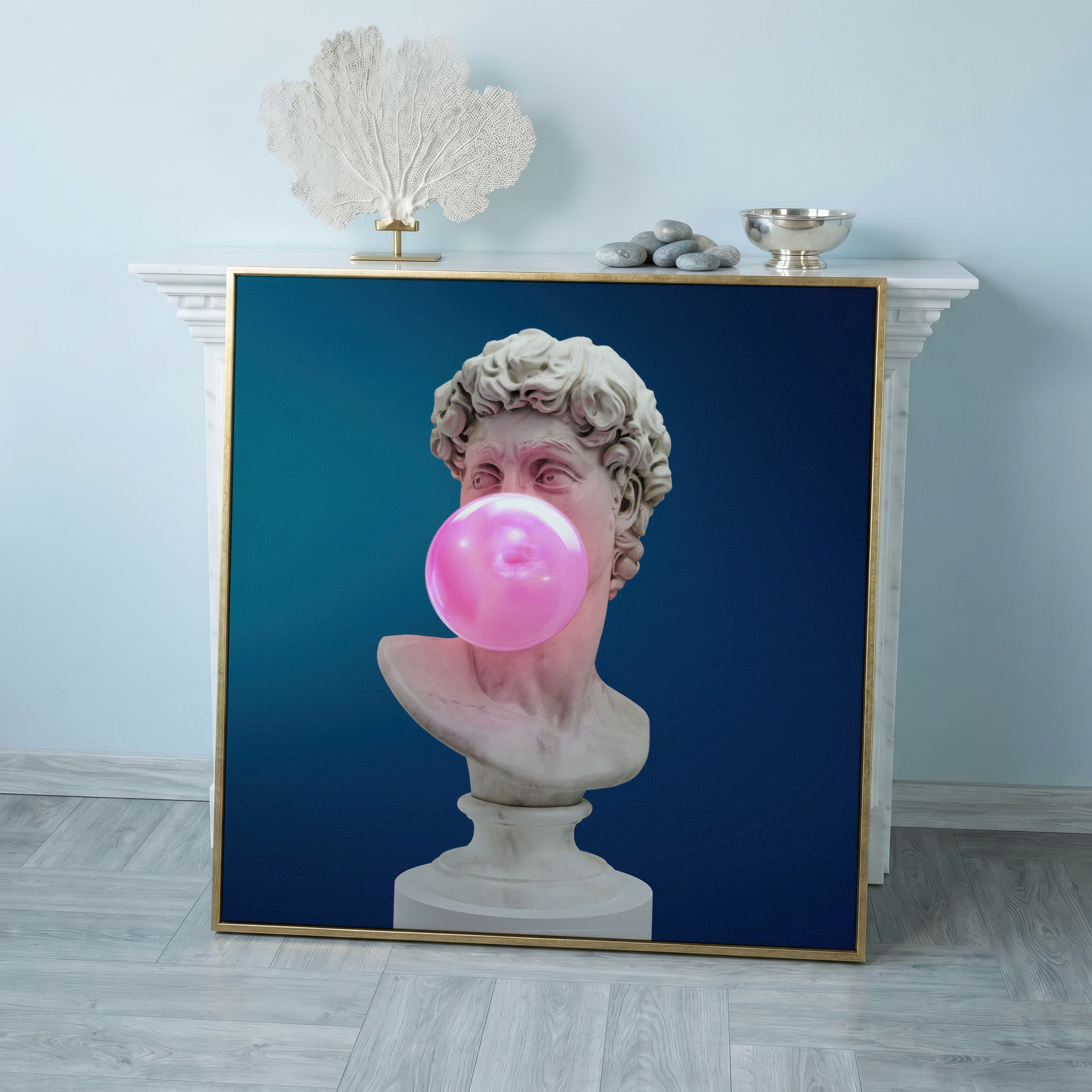 Bust Sculpture Blowing Bubble Gum Canvas in rose gold floating frame