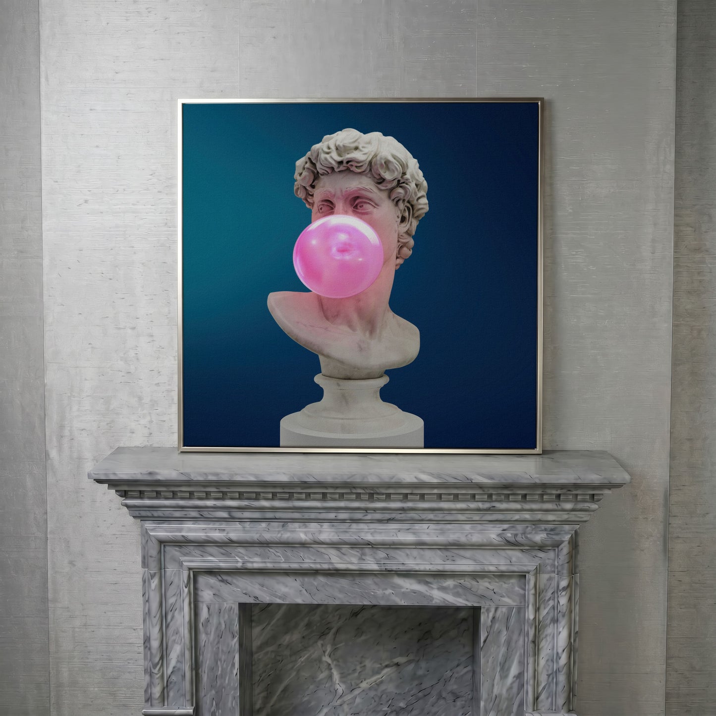 Bust Sculpture Blowing Bubble Gum Canvas in silver floating frame