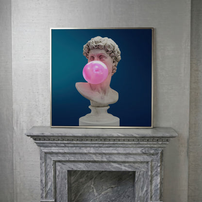 Bust Sculpture Blowing Bubble Gum Canvas in silver floating frame