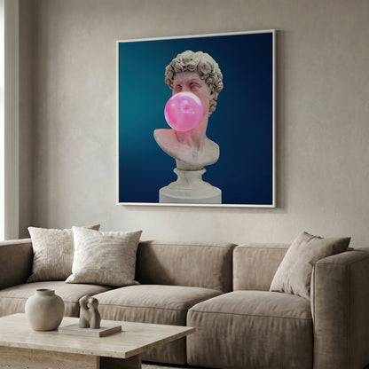 Bust Sculpture Blowing Bubble Gum Canvas in white floating frame
