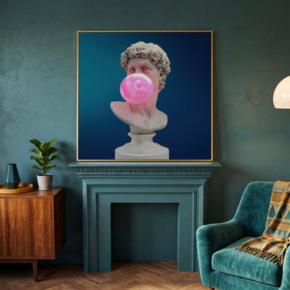 Bust Sculpture Blowing Bubble Gum Canvas in yellow gold floating frame