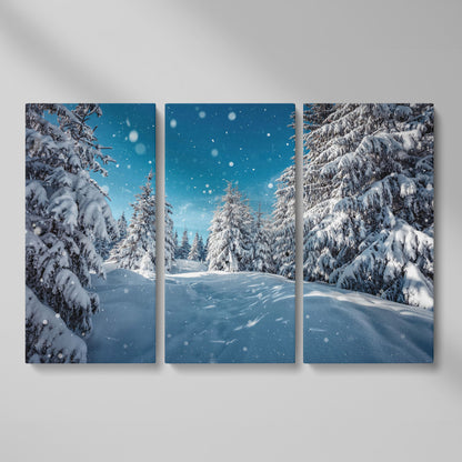 Enchanted Winter Forest Canvas Print with Snowy Pines as 3-panel split version
