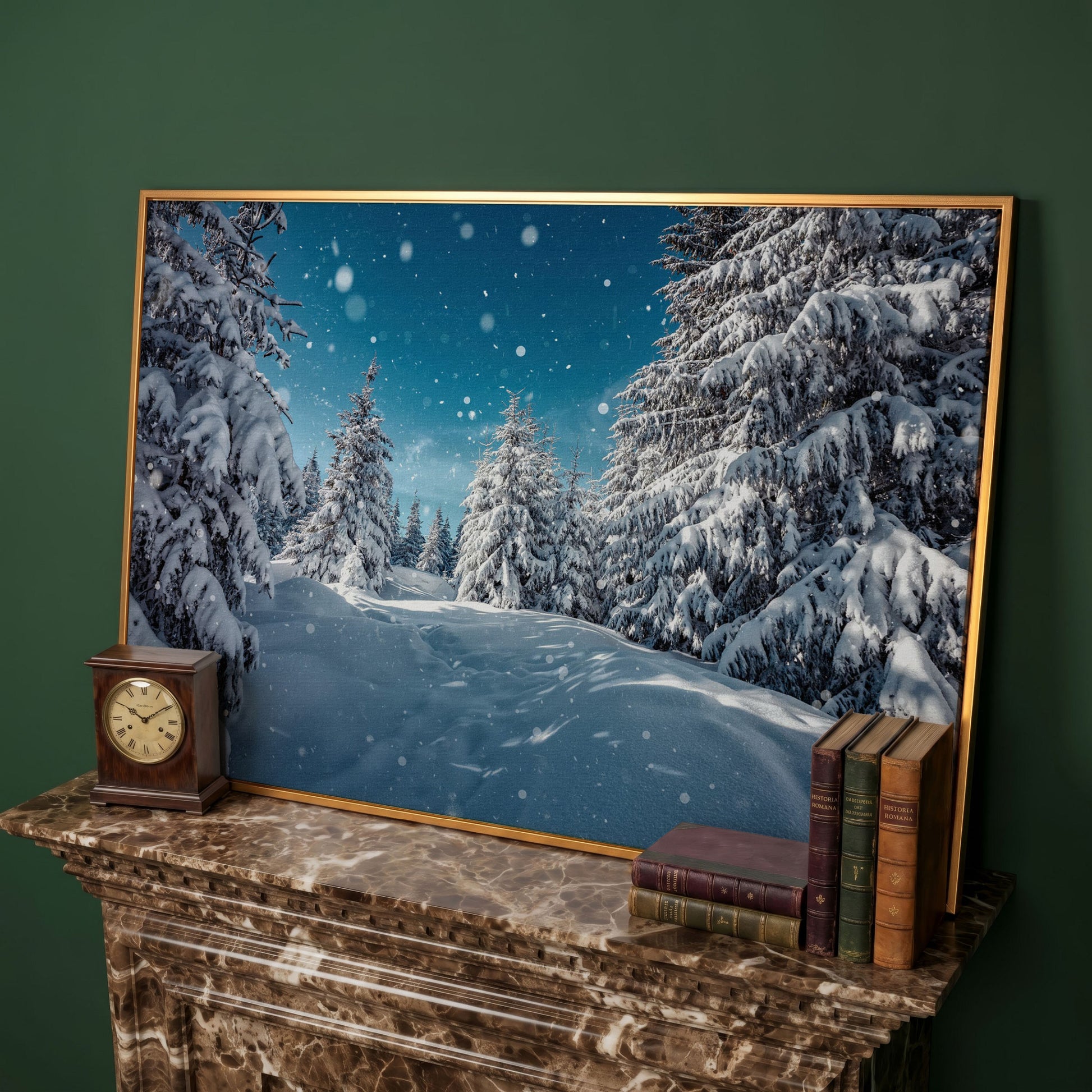 Enchanted Winter Forest Canvas Print with Snowy Pines in antique gold floating frame