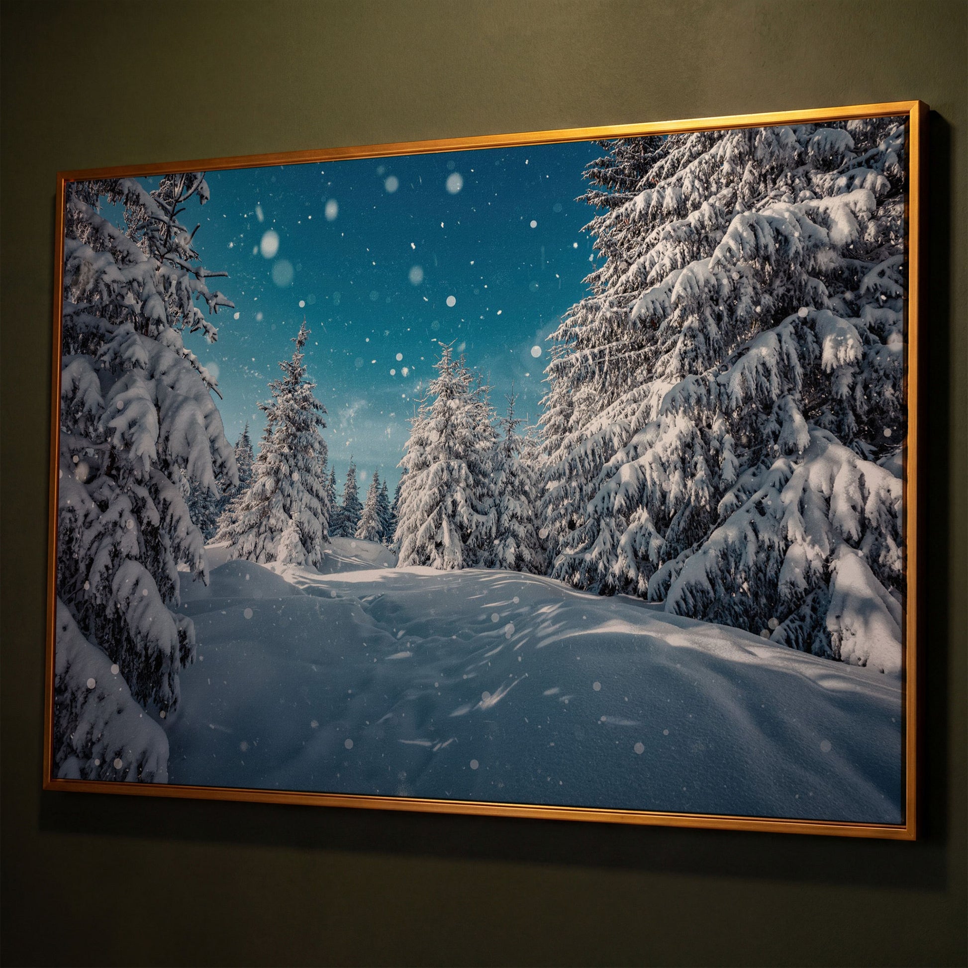 Enchanted Winter Forest Canvas Print with Snowy Pines shown in antique gold floating frame