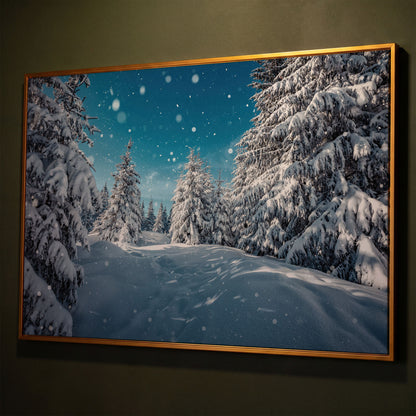 Enchanted Winter Forest Canvas Print with Snowy Pines shown in antique gold floating frame