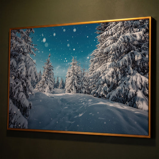 Enchanted Winter Forest Canvas Print with Snowy Pines shown in antique gold floating frame