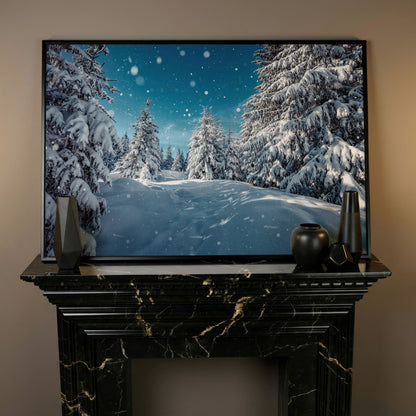Enchanted Winter Forest Canvas Print with Snowy Pines in black floating frame