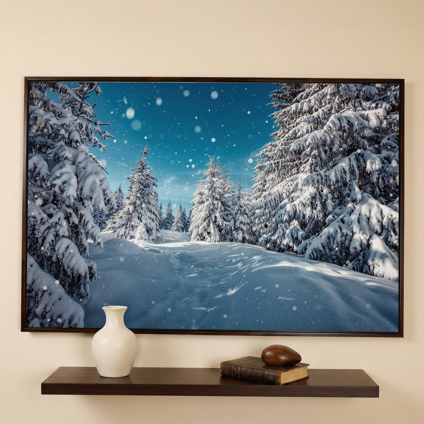 Enchanted Winter Forest Canvas Print with Snowy Pines in dark walnut floating frame