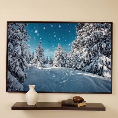 Enchanted Winter Forest Canvas Print with Snowy Pines in dark walnut floating frame