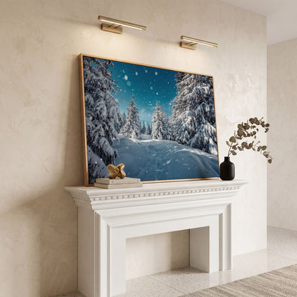 Enchanted Winter Forest Canvas Print with Snowy Pines in white oak floating frame