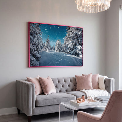 Enchanted Winter Forest Canvas Print with Snowy Pines in pink floating frame