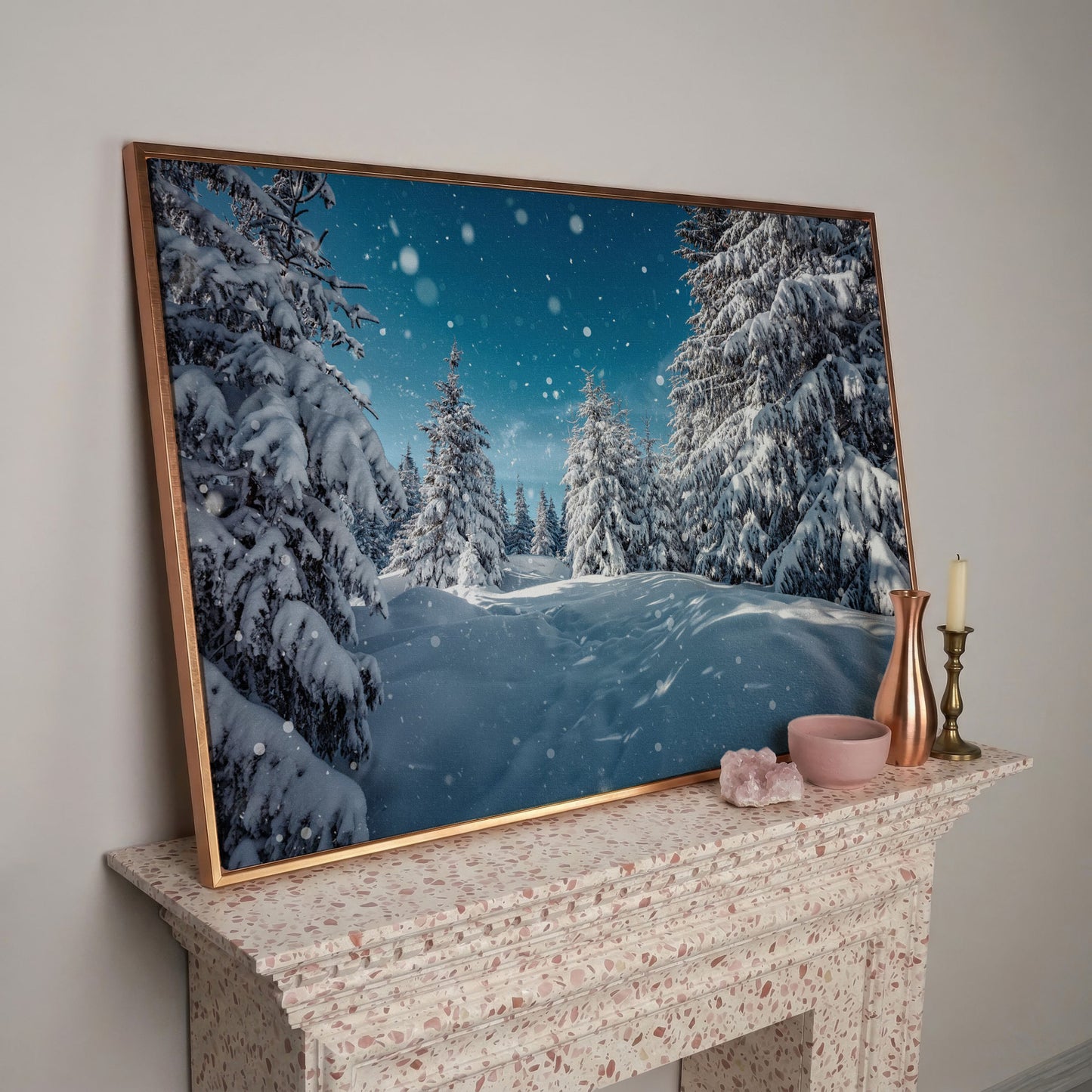 Enchanted Winter Forest Canvas Print with Snowy Pines in rose gold floating frame