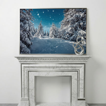 Enchanted Winter Forest Canvas Print with Snowy Pines in silver floating frame