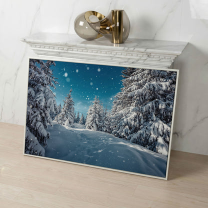 Enchanted Winter Forest Canvas Print with Snowy Pines in white floating frame