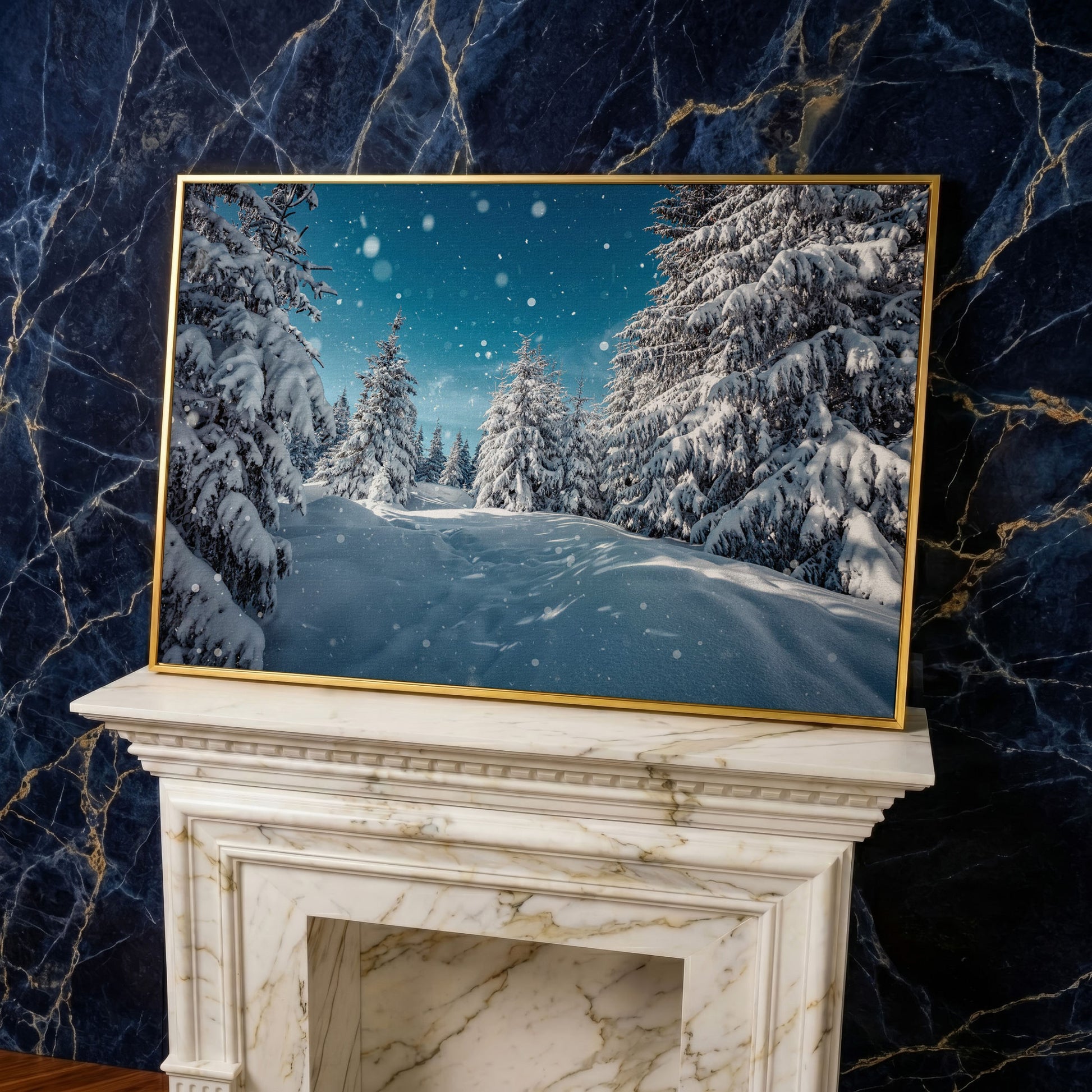 Enchanted Winter Forest Canvas Print with Snowy Pines in yellow gold floating frame