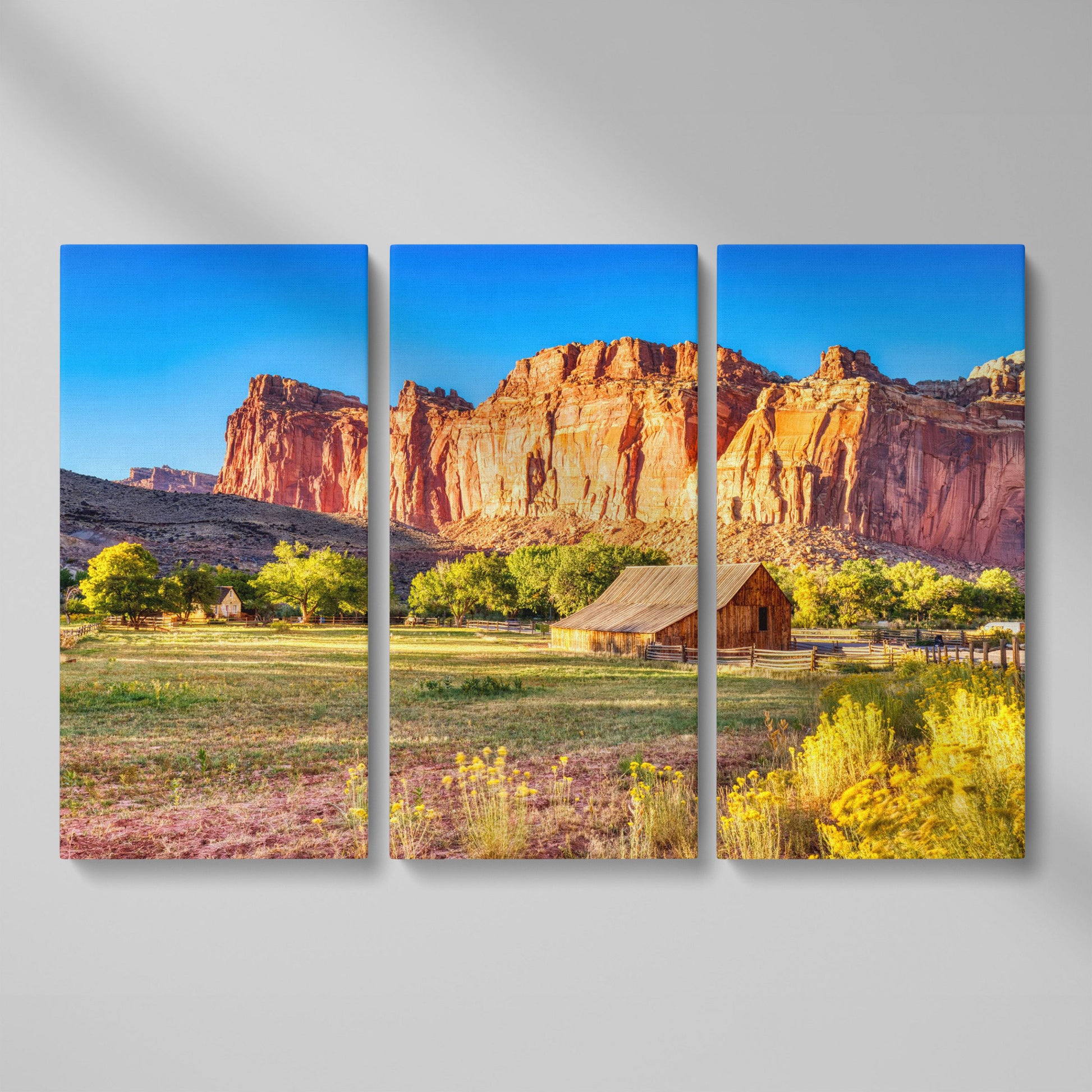 Fruita Barn with Red Rock Cliffs Canvas as 3-panel split version