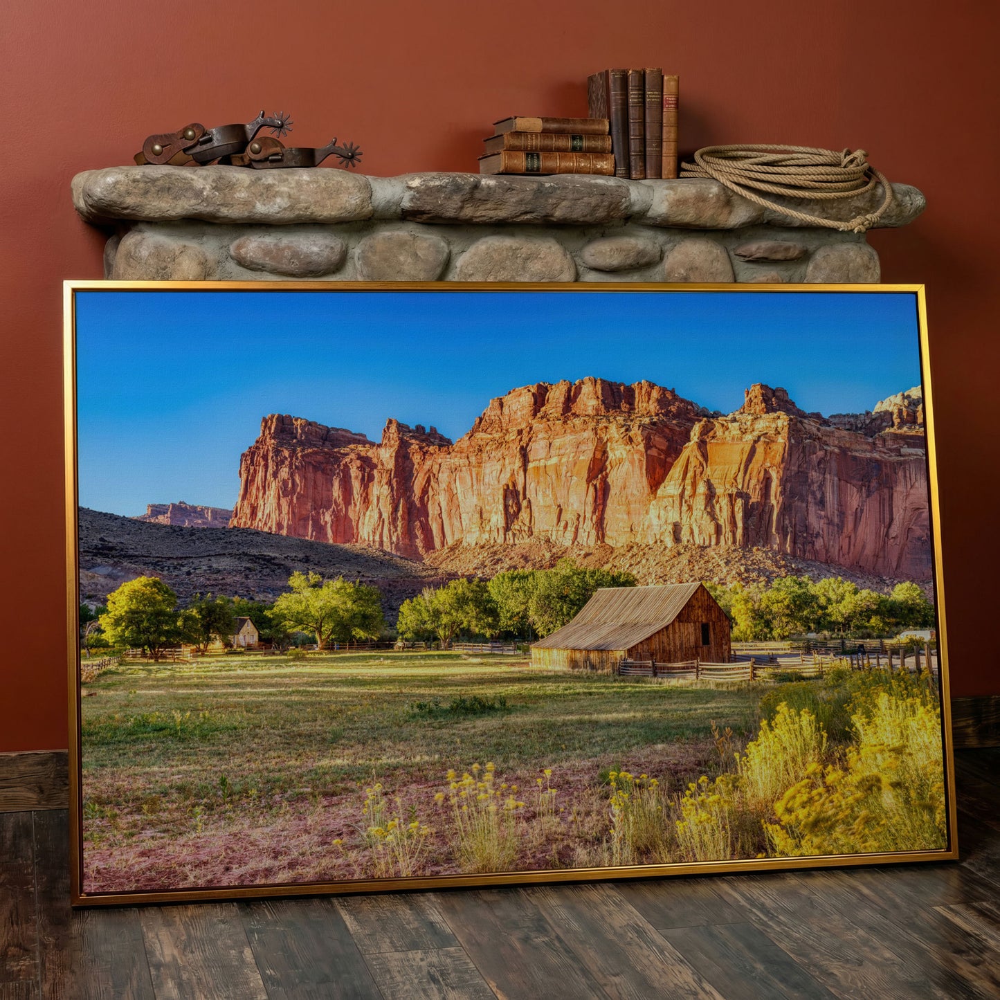 Fruita Barn with Red Rock Cliffs Canvas in antique gold floating frame