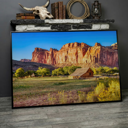 Fruita Barn with Red Rock Cliffs Canvas in black floating frame
