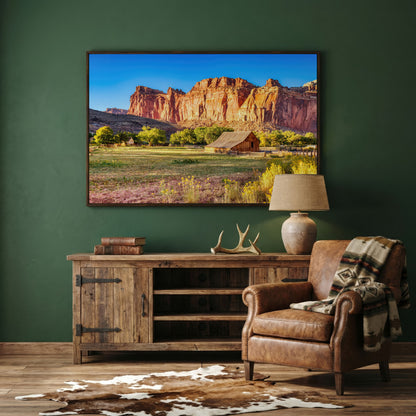 Fruita Barn with Red Rock Cliffs Canvas in dark walnut floating frame