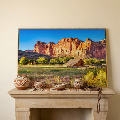 Fruita Barn with Red Rock Cliffs Canvas in white oak floating frame