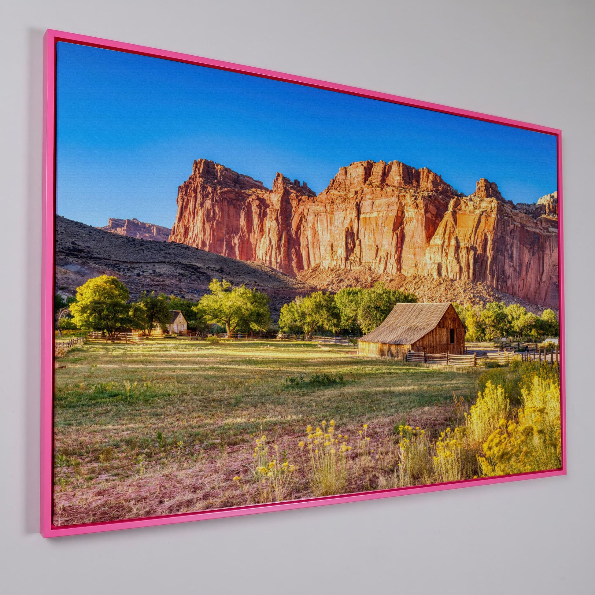 Fruita Barn with Red Rock Cliffs Canvas in pink floating frame