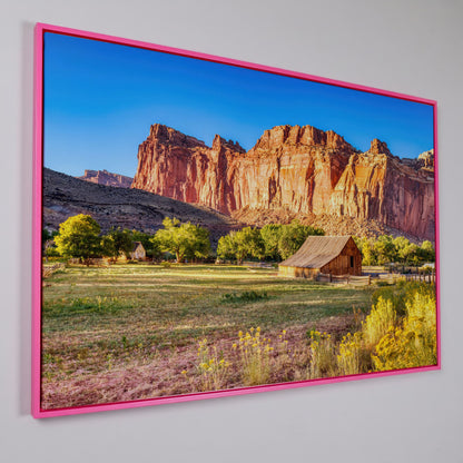Fruita Barn with Red Rock Cliffs Canvas in pink floating frame
