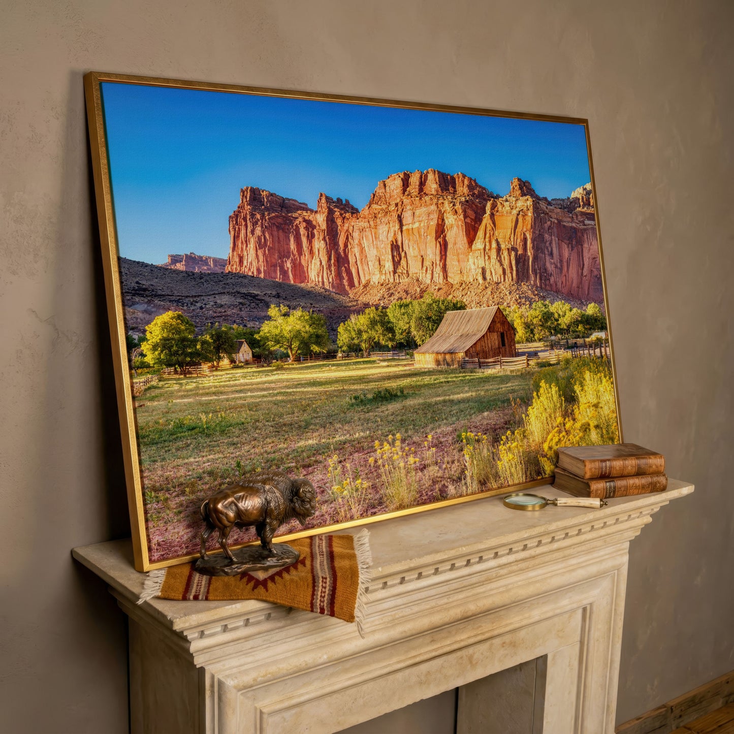 Fruita Barn with Red Rock Cliffs Canvas in rose gold floating frame